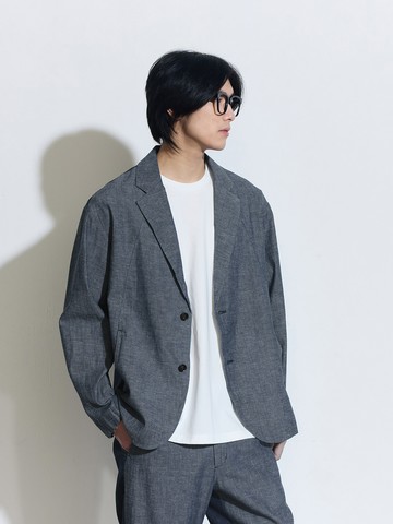 男裝 亞麻翻領長袖西裝外套-深藍拼接