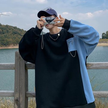 圓領衛衣男秋冬季拼接上衣潮牌百搭chic設計感口袋韓版青少年外套