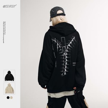OVDY歐美復古vintage暗黑高街衛衣男潮牌ins骨頭拉鏈印花薄款秋季