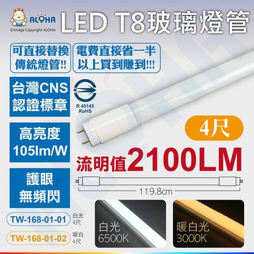 ALOHA T8-4呎-20W-白光(6500K)/暖白光(3000K)-LED日光燈-玻璃管