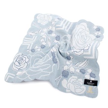 LANVIN 經典LOGO花辮邊滿版玫瑰純綿帕巾紗布巾-水藍色