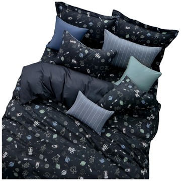 MIT 精梳純棉印花6件式鋪棉床罩組-C8643  單人  黑色