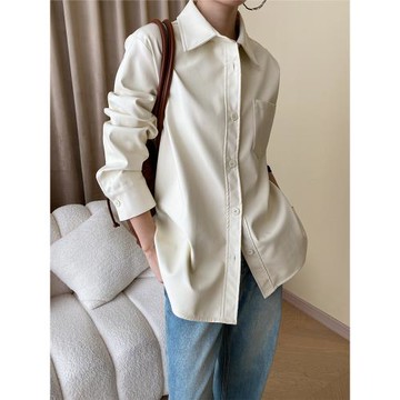 白色Polo領中長款襯衫式皮衣外套女2024年春秋新款歐貨爆款機車服