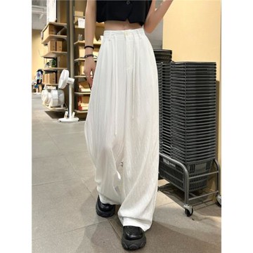白色冰絲棉麻闊腿褲女夏季新款小個子高腰垂感休閑寬松直筒長褲子