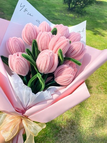 DIY花束🌷 粉紅色鬱金香花束diy材料包扭扭棒自己做生日520情人節禮物 毛根材料包 母親節禮物 交換禮物