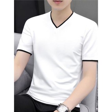 莫代爾短袖t恤男v領純色白色簡約百搭潮流冰感冰絲光棉半防曬面紗