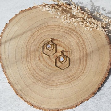 蛋白石配六角形黃銅吊飾  垂墜復古系列 耳環耳針耳夾 生日禮物