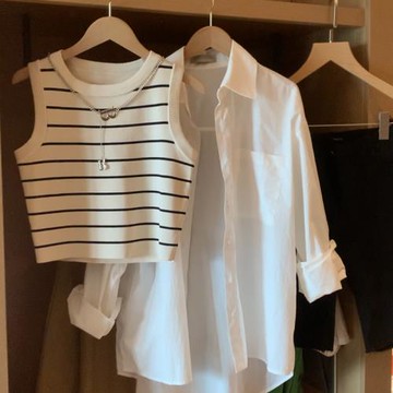 辣妹冰絲圓領針織短款條紋背心女夏季鏈條設計感小眾外穿無袖上衣