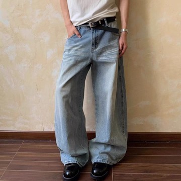 美式水洗牛仔褲男寬鬆休閒cleanfit百搭藍色潮流長褲男