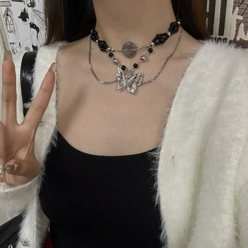 【台灣公司 可打統編】免運 甜酷風蝴蝶流蘇串珠項鏈女配飾雙層疊戴流蘇復古高級感鎖骨頸鏈潮 可開發票 全館五折 工廠現貨直銷 新品特價 z9211