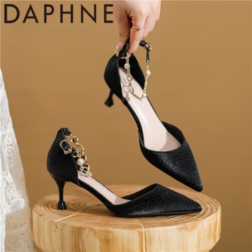 達芙妮涼鞋女2024年新款夏法式氣質名媛百搭不累腳羊皮軟底高跟鞋