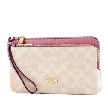 COACH 緹花LOGO防刮皮革大小雙層拉鍊大手拿包-牡丹粉