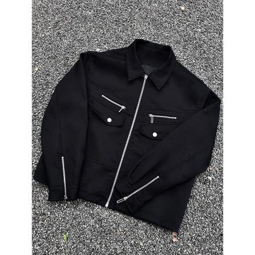 KINETIC 2023FW原創黑色拉鏈短款夾克紐扣口袋翻領工裝休閑外套潮