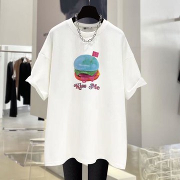 白色短袖t恤女寬松純棉2026夏季新款美式漢堡包中長款圓領上衣潮