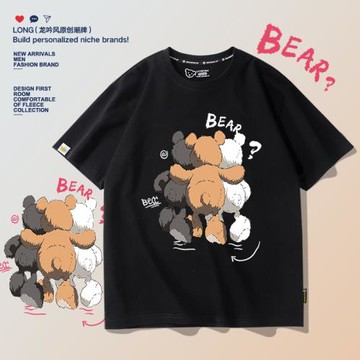 2026新款寬松美式復古小熊聯名潮上衣情侶夏季休閑男裝短袖男t恤