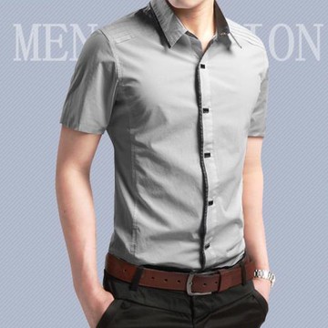 夏季短袖襯衫男純棉修身款純色半袖男士襯衣印花青年商務休閑男裝