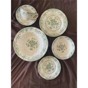 釉下彩中古餐具復古綠色花朵黃胎vintage下午茶咖啡杯加碟餐盤