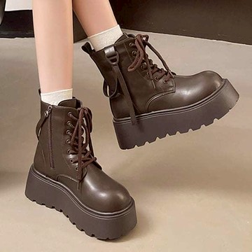 【白鳥麗子】馬汀靴 率性皮革繫帶側拉鍊厚底短靴 店長推薦