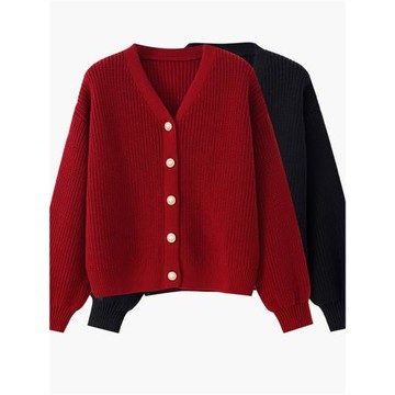 100%純棉開衫外套女短款燈籠袖寬松外穿加厚車厘子紅圣誕紅色毛衣