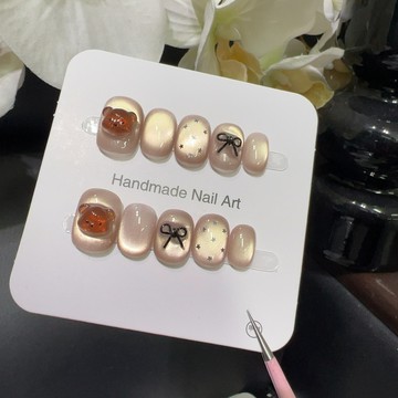 ☀️Hannah☀️優選爆款【小熊結語】甜美蝴蝶結立體小熊波點美甲少女軟萌手繪卡通穿戴甲短款2026新款上新