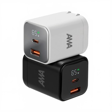AMA 65W 氮化鎵雙孔快充充電器 PD65W USB-C+USB-A 摺疊插腳 數位顯示