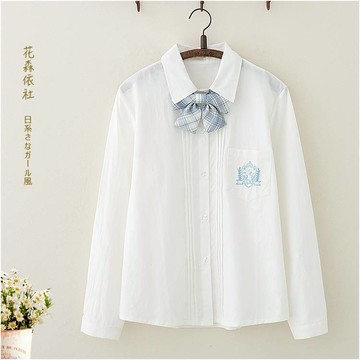 2020秋裝文藝刺繡長袖襯衫學生少女JK格子領結基礎打底白襯衣上衣