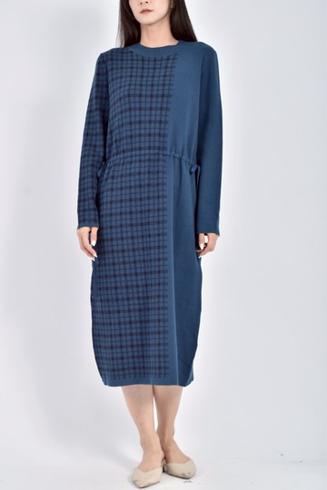 (L) just miss棉質格紋針織長袖藍色洋裝