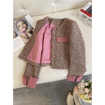 彩粉色小香風外套女2025春秋新款法式氣質名媛夾棉粗花呢開春上衣