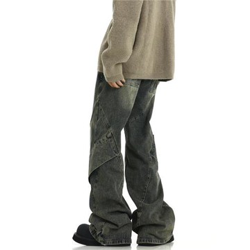 美式復古做舊水洗牛仔褲男高街設計感拼接不規則直筒闊腿微喇褲子