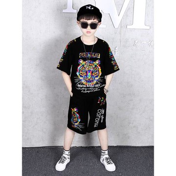 童裝男童短袖套裝夏裝2025新款潮牌9男裝兒童老虎圖案T恤小孩衣服