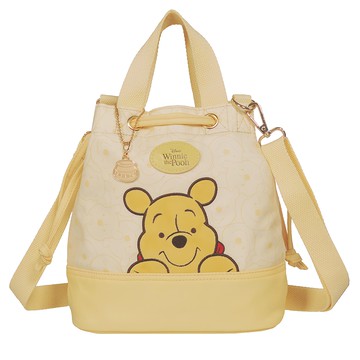 Winnie the Pooh 小熊維尼 束口水桶包 萌萌頭 聚酯纖維  20 x 13 x 22cm  奶油黃色