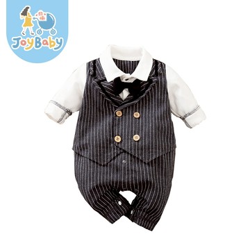 JOYBABY 長袖連身衣 寶寶西裝 長袖包屁衣 灰豎條紳士西裝包屁衣 新生兒爬服 禮服