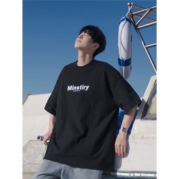 重磅短袖t恤男夏季美式簡約字母印花半袖潮流寬松百搭圓領體恤衫