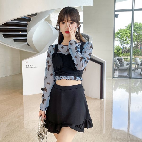 3色 セパレート 水着 ビキニ スカート 長袖 ビスチェ 上下セット かわいい おしゃれ 蝶 ちょうちょ柄 黒 ピンク ブルー バイカラー レトロ  可愛い 韓国 水着 MwasSy3VlM, 水着