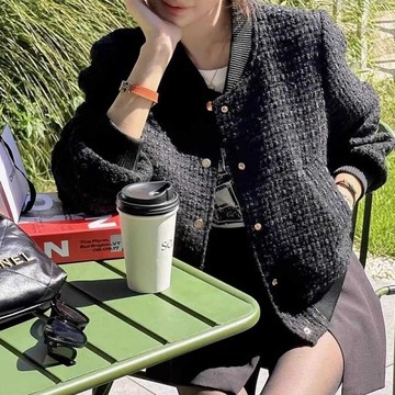 夾克．小香風素色毛呢排釦立領長袖外套．白鳥麗子