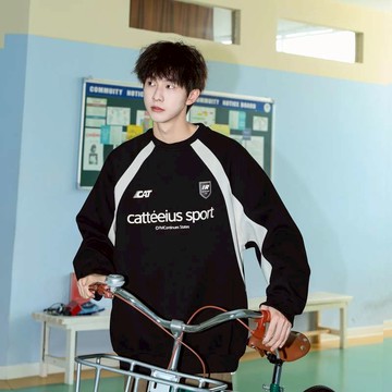 【T-2】🖤長袖上衣 圓領上衣 秋冬美式學院風拼色字母長袖衛衣男情侶硬挺重磅正肩T恤上衣