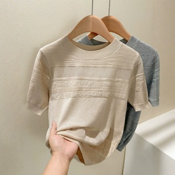 現貨+預購 針織衫短袖T恤-冰絲鏤空圓領純色女上衣2色74kx16【獨家進口】【米蘭精品】