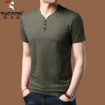 啄木鳥夏季冰絲t恤男短袖中年桑蠶絲半袖薄款V領真絲體恤男中國風