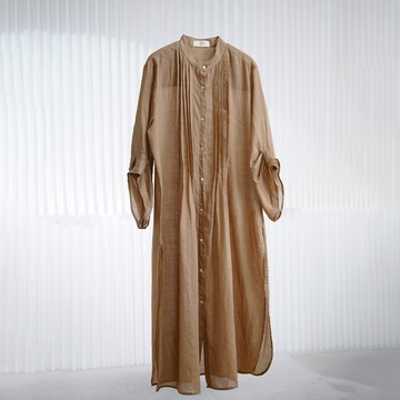 日系文藝立領壓褶苧麻長洋裝349845