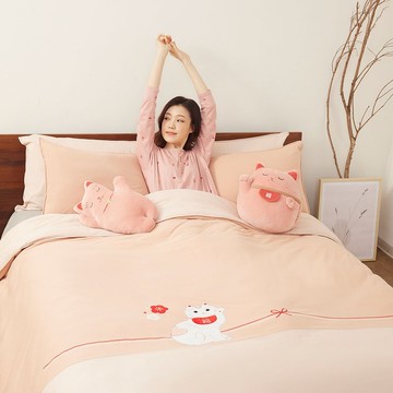 招財貓 被套+枕套組-瑰蜜粉