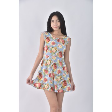 (S) 無袖花卉藍色洋裝二手衣