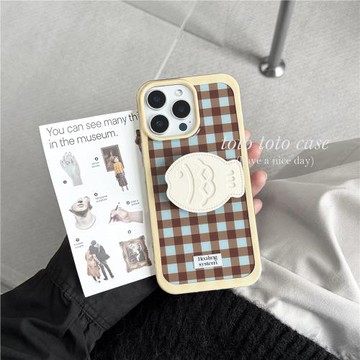 小眾ins藍咖撞色格子雙層適用iPhone16promax蘋果15手機殼新款14promax鯛魚燒支架15promax韓系16防摔保護套