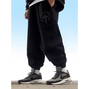 春夏薄款褲子男士休閑長褲純棉胖人潮流抽繩寬松束腳大碼運動衛褲