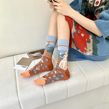 法國復古輕奢ins潮襪百搭禮盒裝襪莫奈油畫風棉襪中筒襪子女長襪