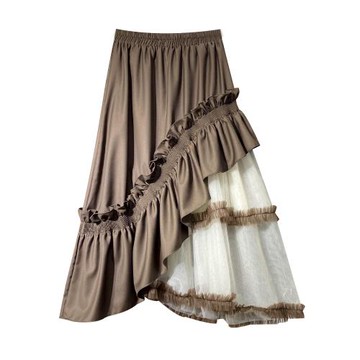 2026年春秋新款法式復古設計感不規則網紗拼接蓬蓬半身長裙女1365