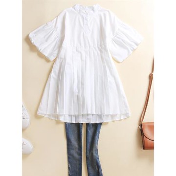 立領純棉襯衫女裝短袖夏裝新款襯衣時尚洋氣中長款遮屁股打底上衣