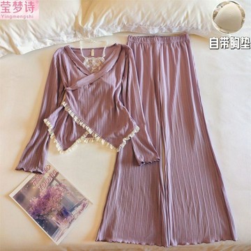 【超優惠喲】帶胸墊純棉睡衣女士春秋冬季新款國風掛脖純欲網紅顯瘦家居服套裝