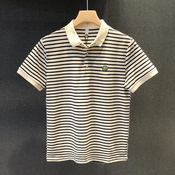 2025夏季新款短袖T恤polo衫男刺繡條紋翻領百搭潮流休閑體恤上衣