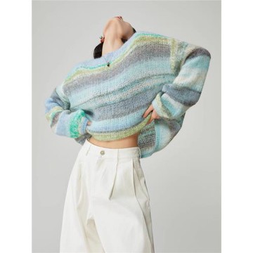 藍色馬海毛漸變長袖針織衫女寬松2025春季新款韓系慵懶風軟糯上衣