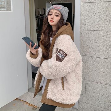 撞色連帽羊羔毛棉衣外套女冬季加厚寬松bf慵懶風美式復古棒球棉服